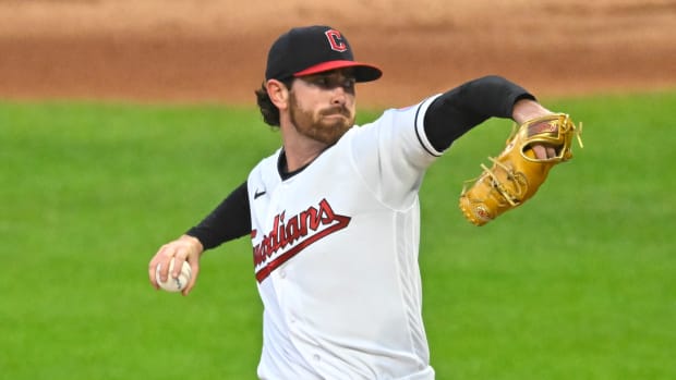 Sep 22, 2023; Cleveland, Ohio, USA; Cleveland Guardians starting pitcher Shane Bieber (57) delivers a pitch in the first inning against the Baltimore Orioles at Progressive Field. Mandatory Credit: David Richard-USA TODAY Sports  